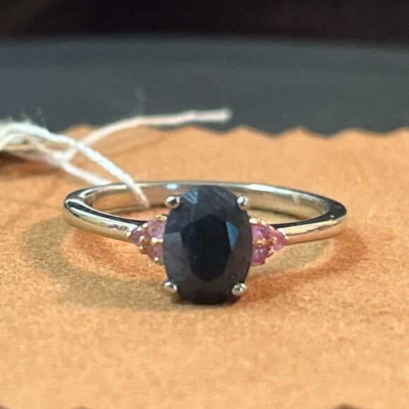 Midnight And Pink Sapphire Ring 8 And Pendant Necklace 18” Set - Picture 14 of 16